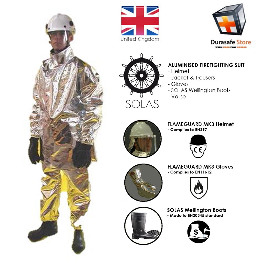 FLAMEGUARD MK3 Two-Piece Aluminized Fireman's Suit SOLAS Approved, UK  (Complete Set - Helmet, Suit, Glove, Boots) - Durasafe Shop