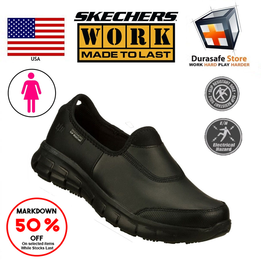 skechers women's sure track black slip resistant work shoes