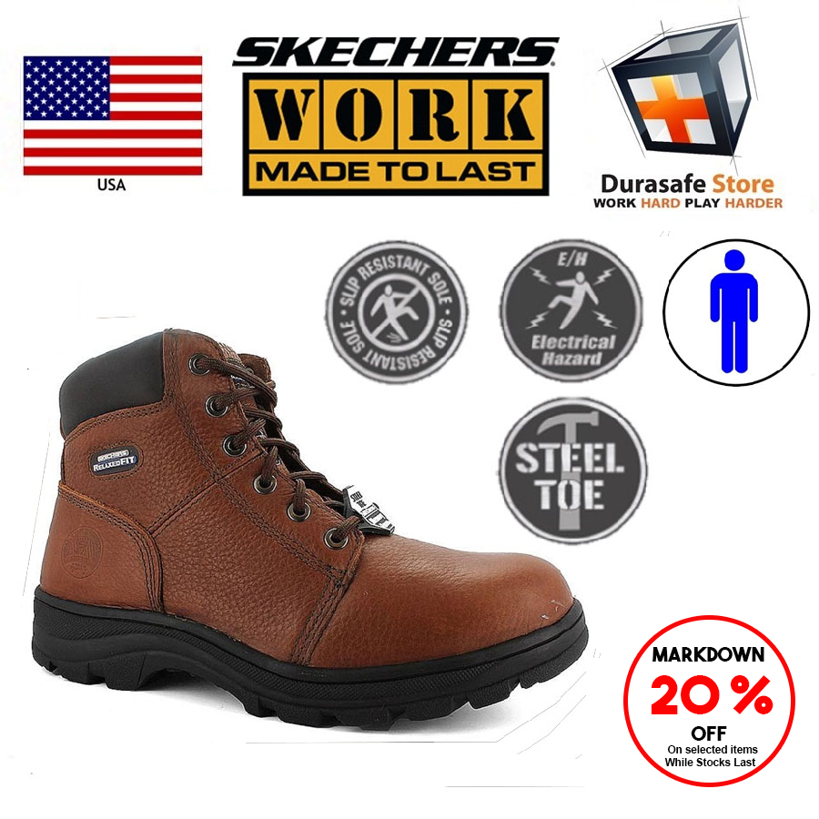Skechers 77009 Workshire Men\u0027s Relaxed Fit Work Steel Toe Boots Size 7-12 -  Durasafe Shop