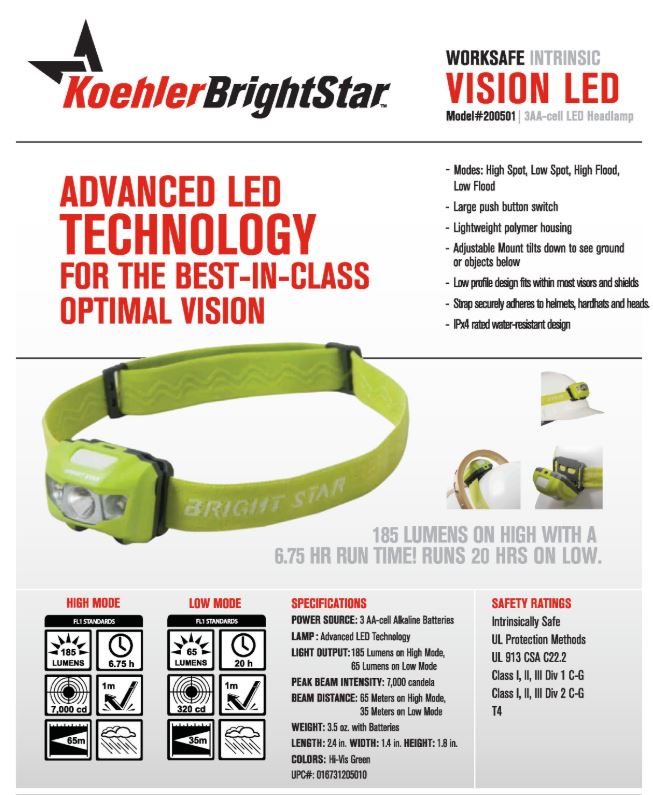 KOEHLER Brightstar 200501 Vison LED Headlamp, 185 Lumens