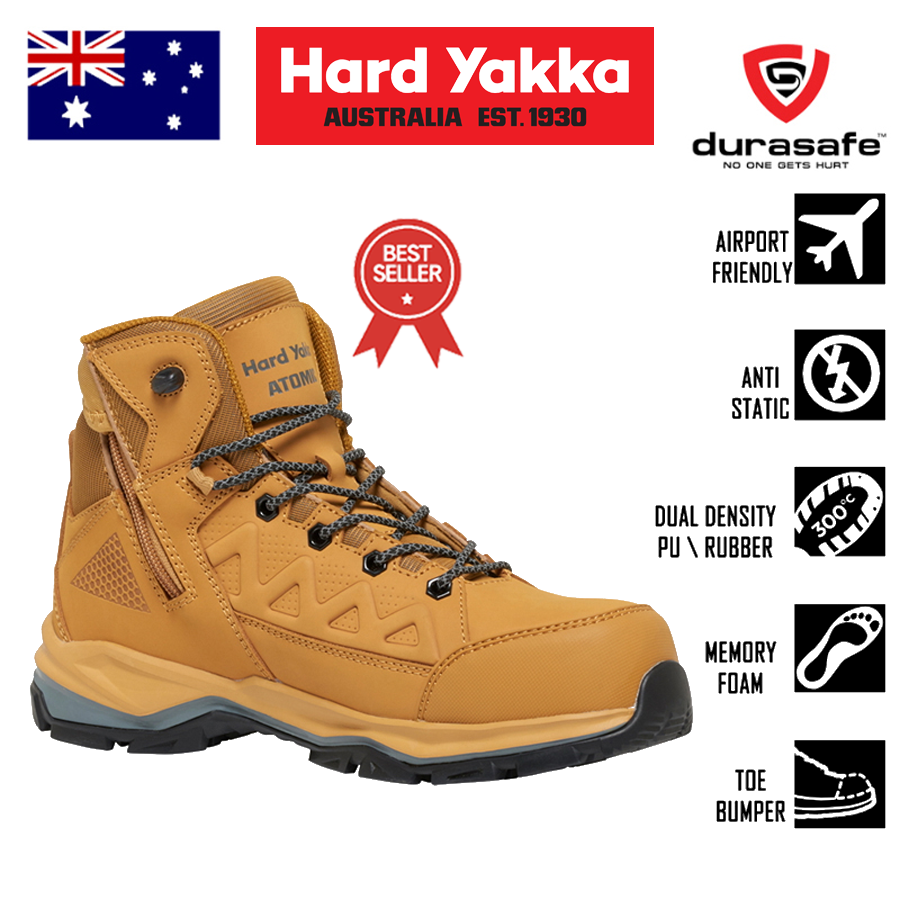 HARD YAKKA Y60334 Atomic 7 Inch Hybrid Size Zip Safety Boot Wheat Size 6 13 6